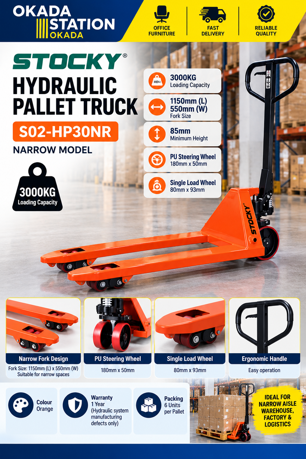 STOCKY Hydraulic Pallet Truck, the Narrow Model S02-HP30NR.