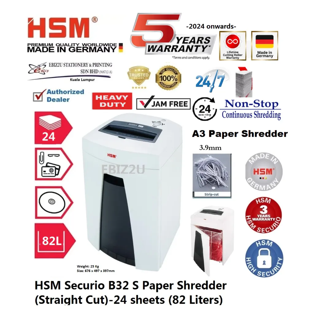 HSM Securio B32 S Paper Shredder (Straight Cut) 3.9 mm -24 sheets (82 Liters)