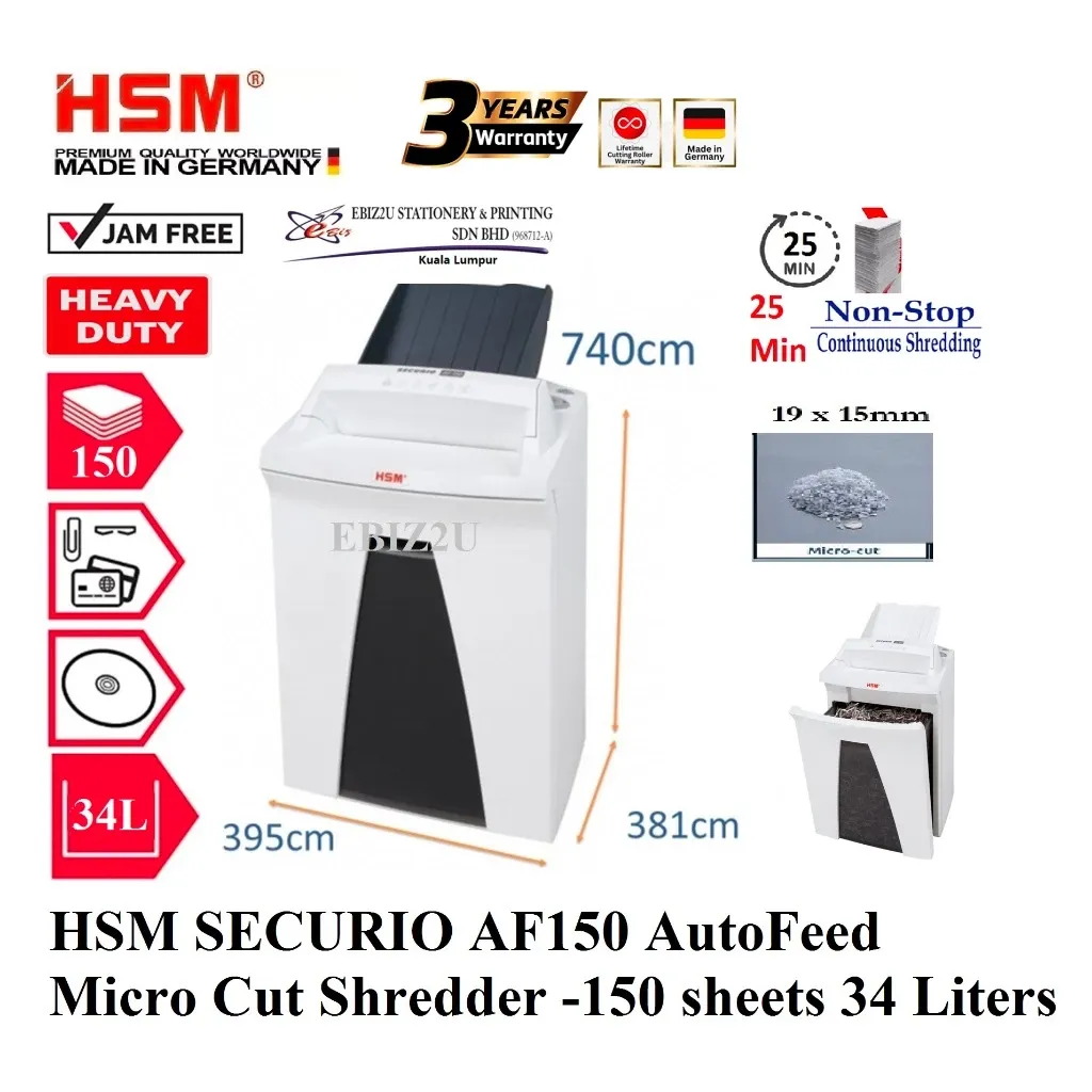HSM SECURIO AF150 AutoFeed Cross Cut Shredder -150 sheets 34 Liters
