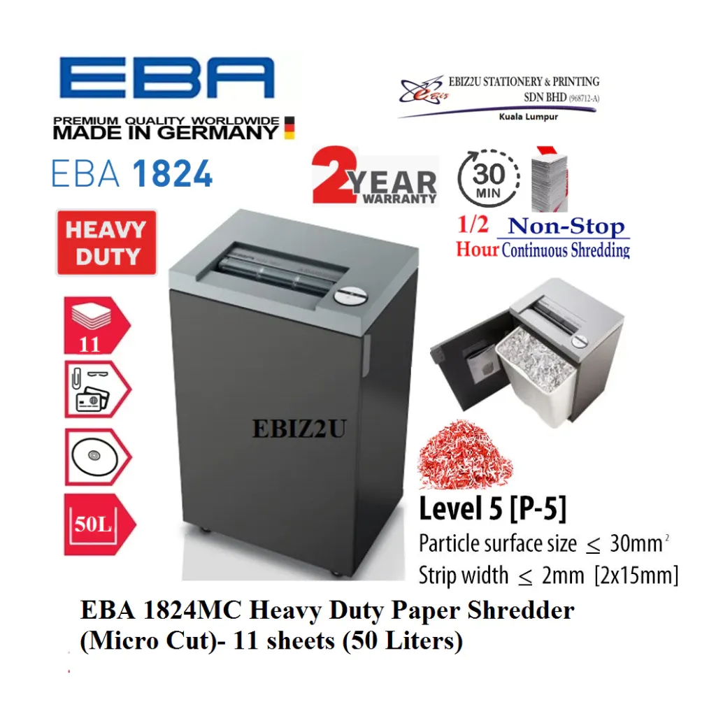 EBA 1824MC Heavy Duty Paper Shredder (Micro Cut) 2x15mm - 11 sheets (50 Liters) (30 minutes non stop)