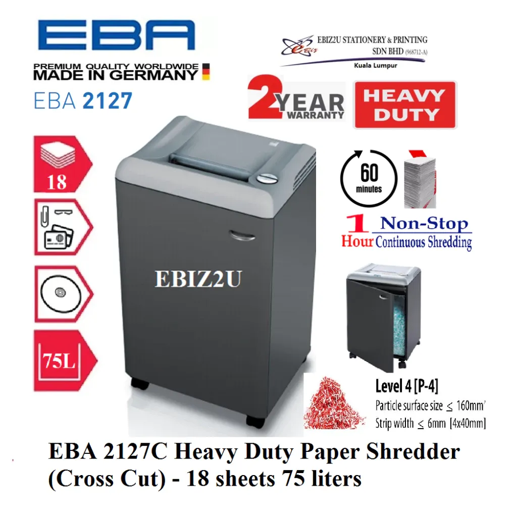 EBA 2127C Heavy Duty Paper Shredder (Cross Cut) 4x40mm - 18 sheets (75 liters) 2127 (1 hour)