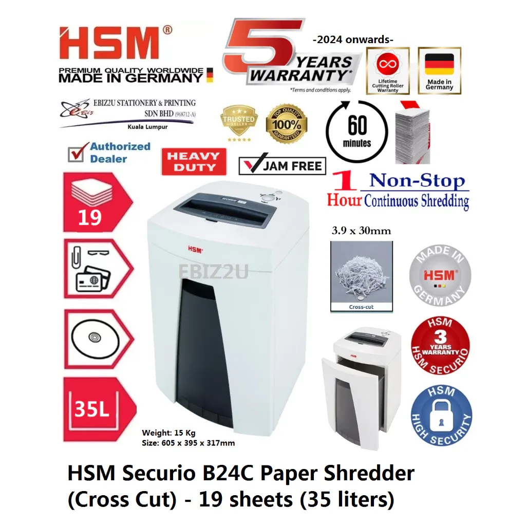 HSM Securio B24 C Paper Shredder (Cross Cut) 4.5 x 30mm - 19 sheets (35 Litres)