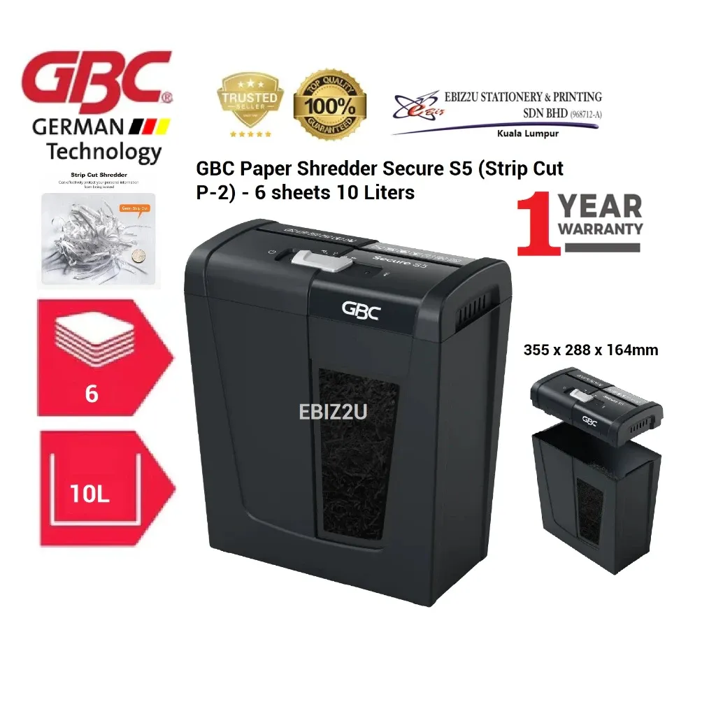 GBC Paper Shredder Secure S5 (Strip Cut P-2) - 6 sheets 10 Liters (1 Year Warranty)