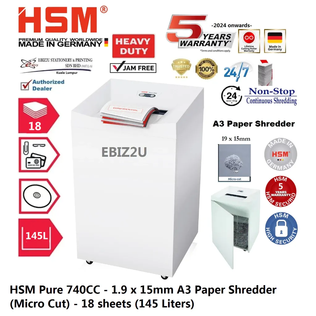 HSM Pure 740CC - 1.9 x 15mm A3 Paper Shredder (Micro Cut) - 18 sheets (145 Liters)