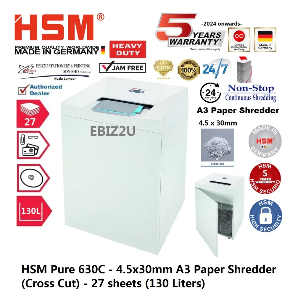HSM Pure 630C - 4.5x30mm A3 Paper Shredder (Cross Cut) - 27 sheets (130 Liters)