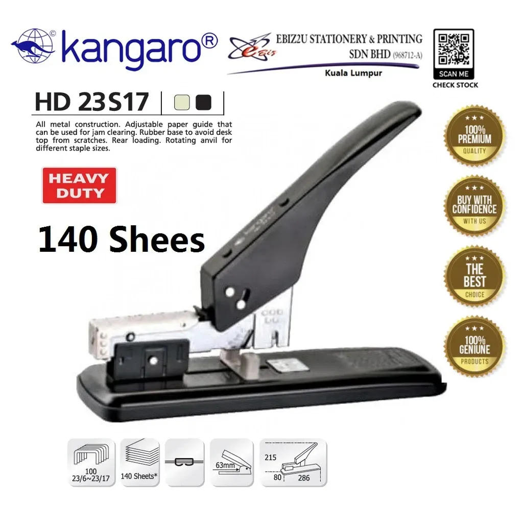 KANGARO HD-23S17 Heavy Duty Stapler - 140 Sheets alat pengokot, kawat, stapler paper, Heavy Duty