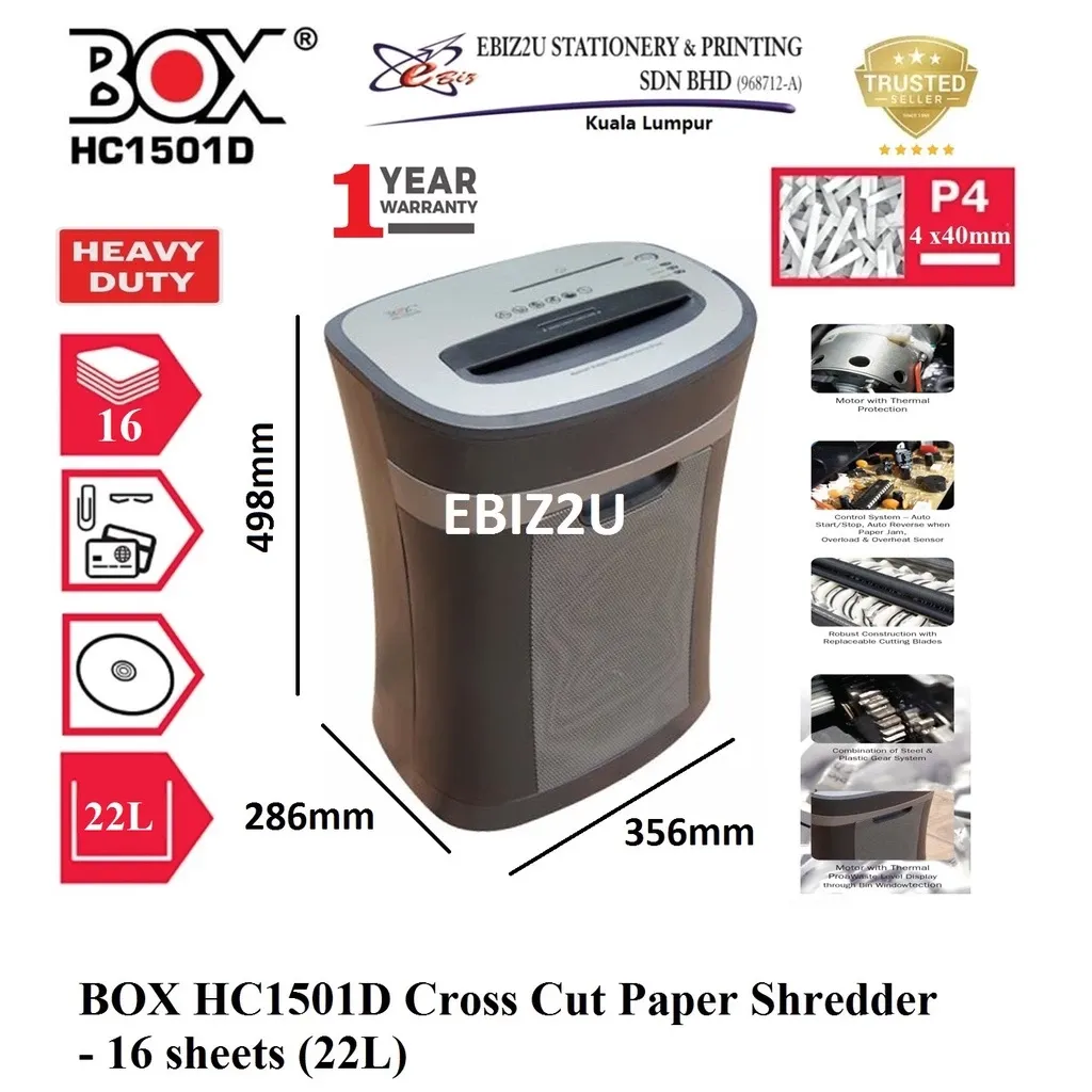 BOX HC1501D Cross Cut Paper Shredder 4 x 39mm - 16 sheets (22L) MESIN MENCARIK KERTAS
