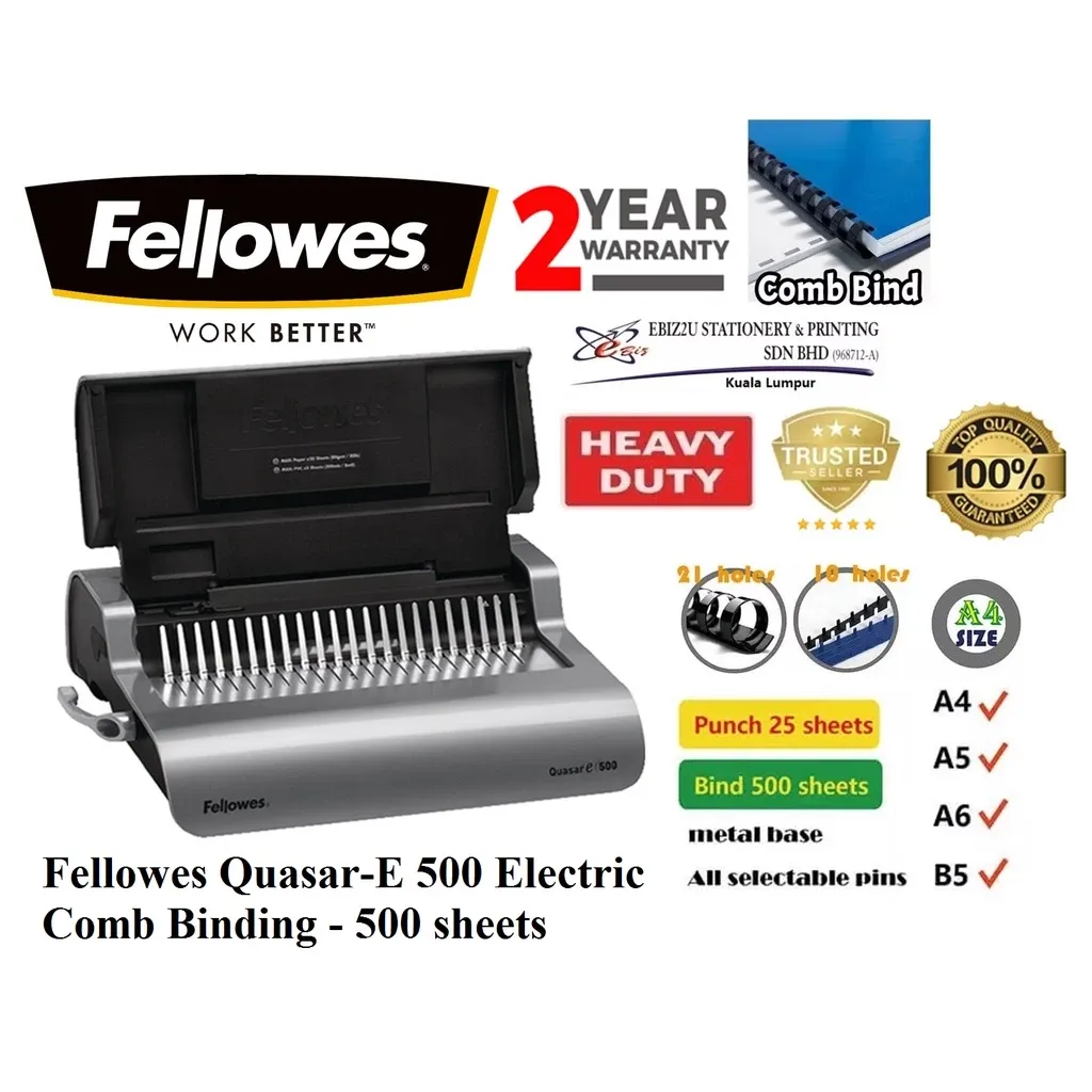 Fellowes Quasar E-500 Electric Comb Binding Machine- 500 sheets electric binding machine, heavy duty