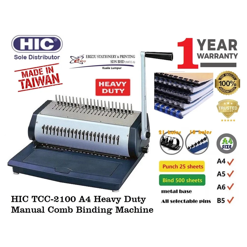 HIC TCC 2100 A4 Heavy Duty Manual Comb Binding Machine ( TCC2100, TCC 2100, Comb Binder Machine