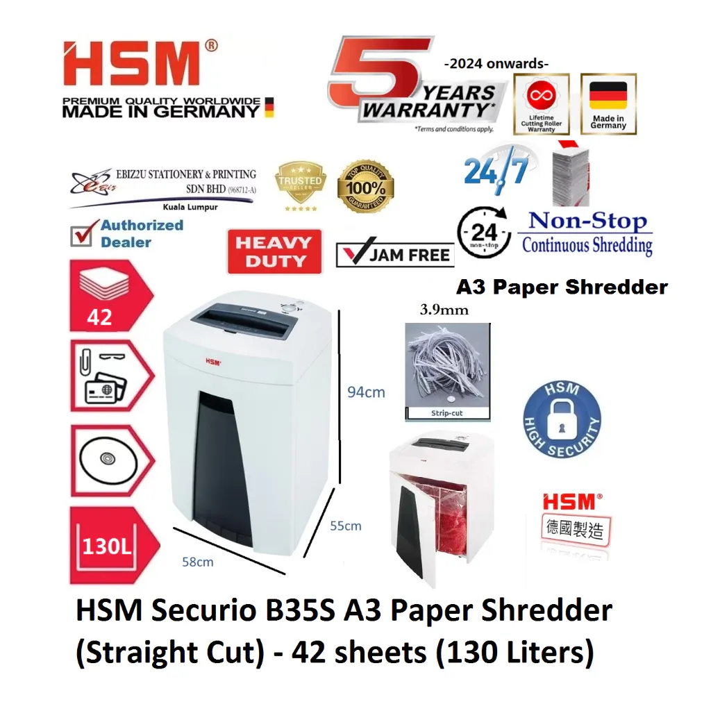 HSM Securio B35 S A3 Paper Shredder (Straight Cut) 5.8 mm - 42 sheets (130 Liters)