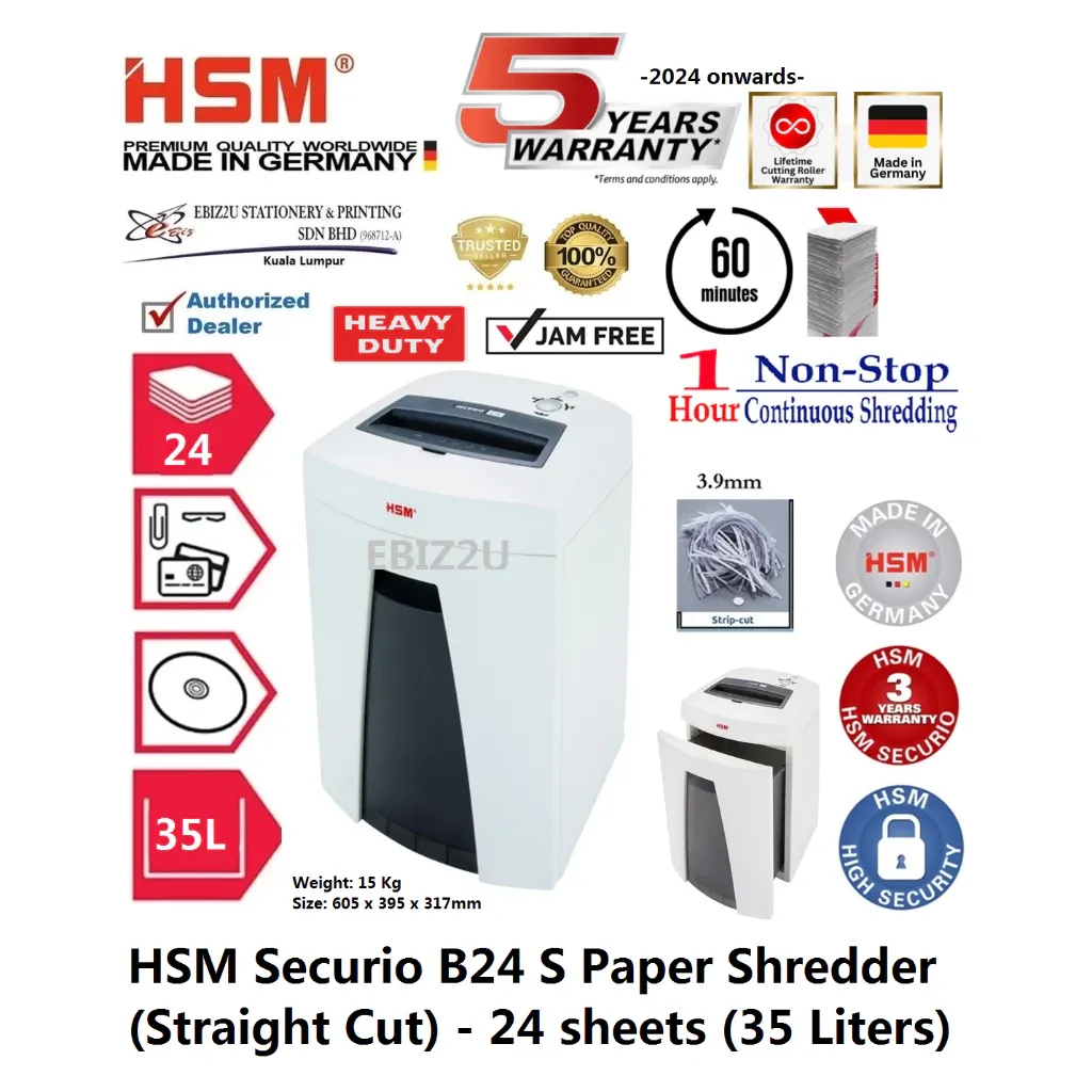 HSM Securio B24 S Paper Shredder (Straight Cut) 3.9 mm -24 sheets (33 Liters)