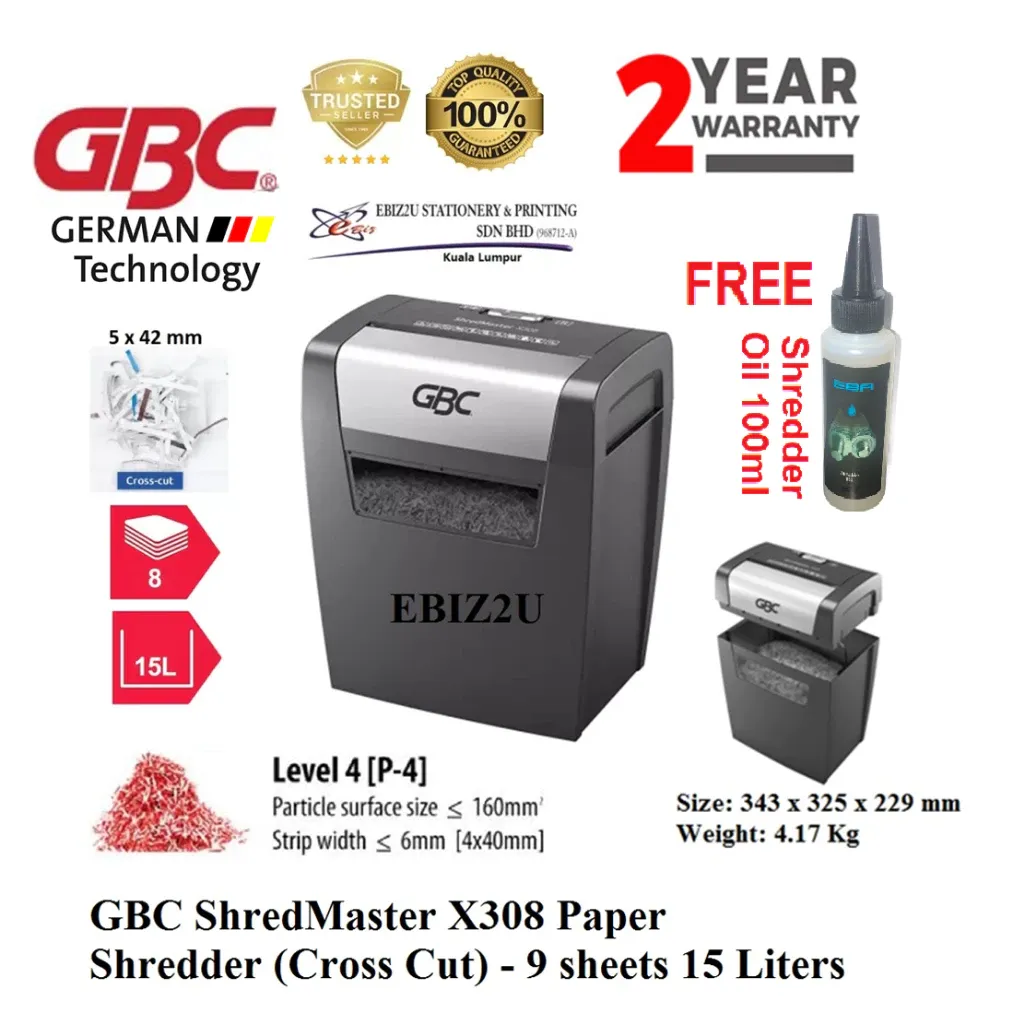 GBC ShredMaster X308 Paper Shredder (Cross Cut) - 9 sheets 15 Liters(2 Year Warranty)