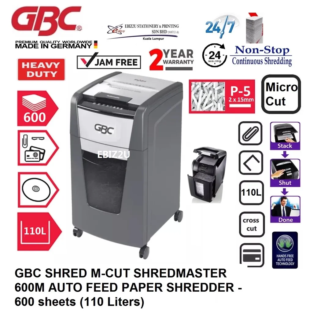 GBC SHRED M-CUT SHREDMASTER 600M AUTO FEED PAPER SHREDDER - 600 sheets (110 Liters)