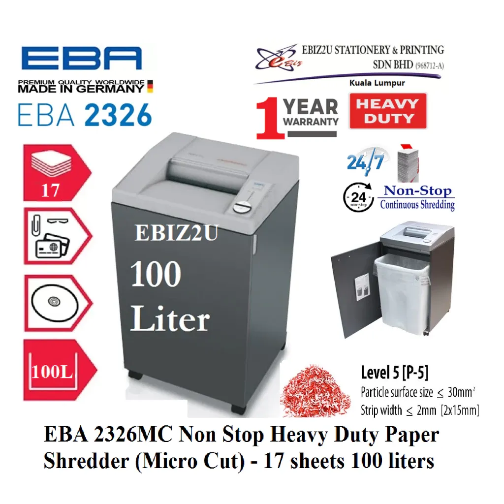 EBA 2326MC Non Stop Heavy Duty Paper Shredder (Micro Cut) 2x15mm - 17 sheets (100 liters)