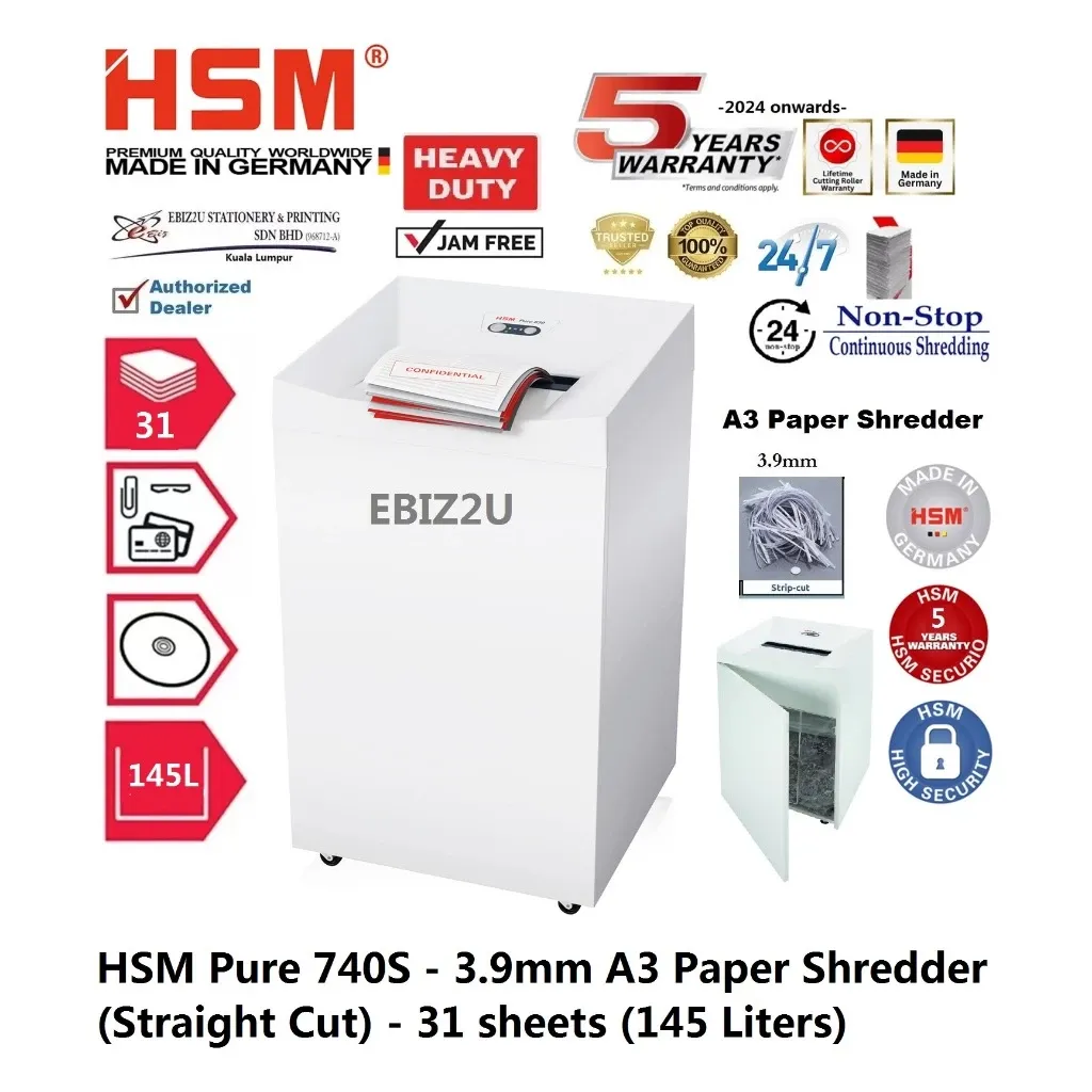 HSM Pure 740S - 3.9mm A3 Paper Shredder (Straight Cut) - 31 sheets (145 Liters)