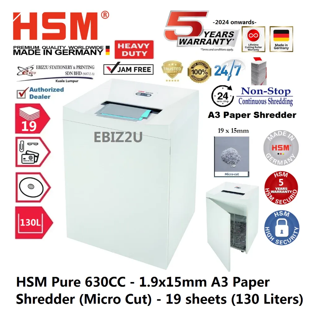 HSM Pure 630CC - 1.9x15mm A3 Paper Shredder (Micro Cut) - 19 sheets (130 Liters)