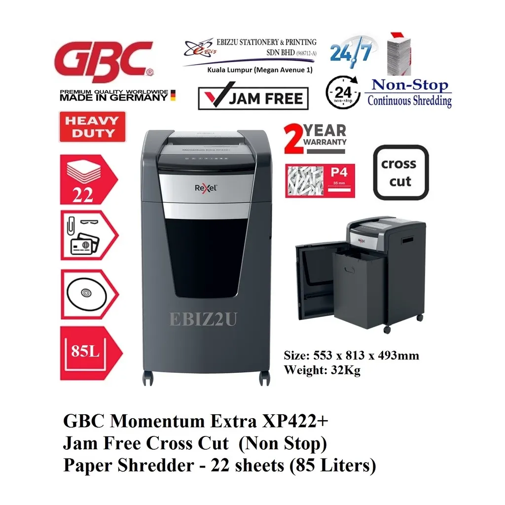 GBC Momentum Extra XP422+ Jam Free Cross Cut (Non Stop) Paper Shredder - 22 sheets (85 Liters)
