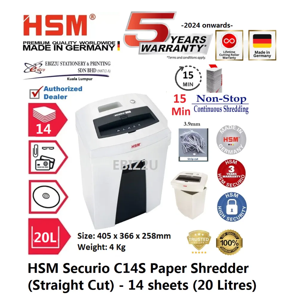HSM Securio C14 S Paper Shredder (Straight Cut) 3.9 mm - 14 sheets (20 Litres)