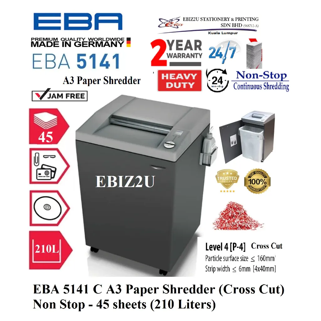 EBA 5141 C A3 Paper Shredder (Cross Cut) 4x40mm - 45 sheets (210 Liters) 5141C (non stop
