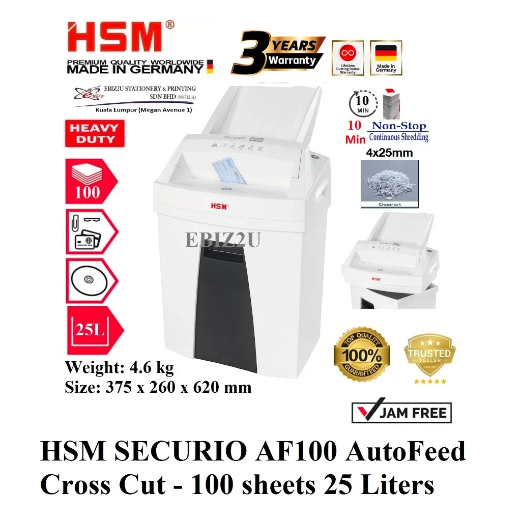 HSM SECURIO AF100 AutoFeed Cross Cut Shredder -100 sheets 25 Liters
