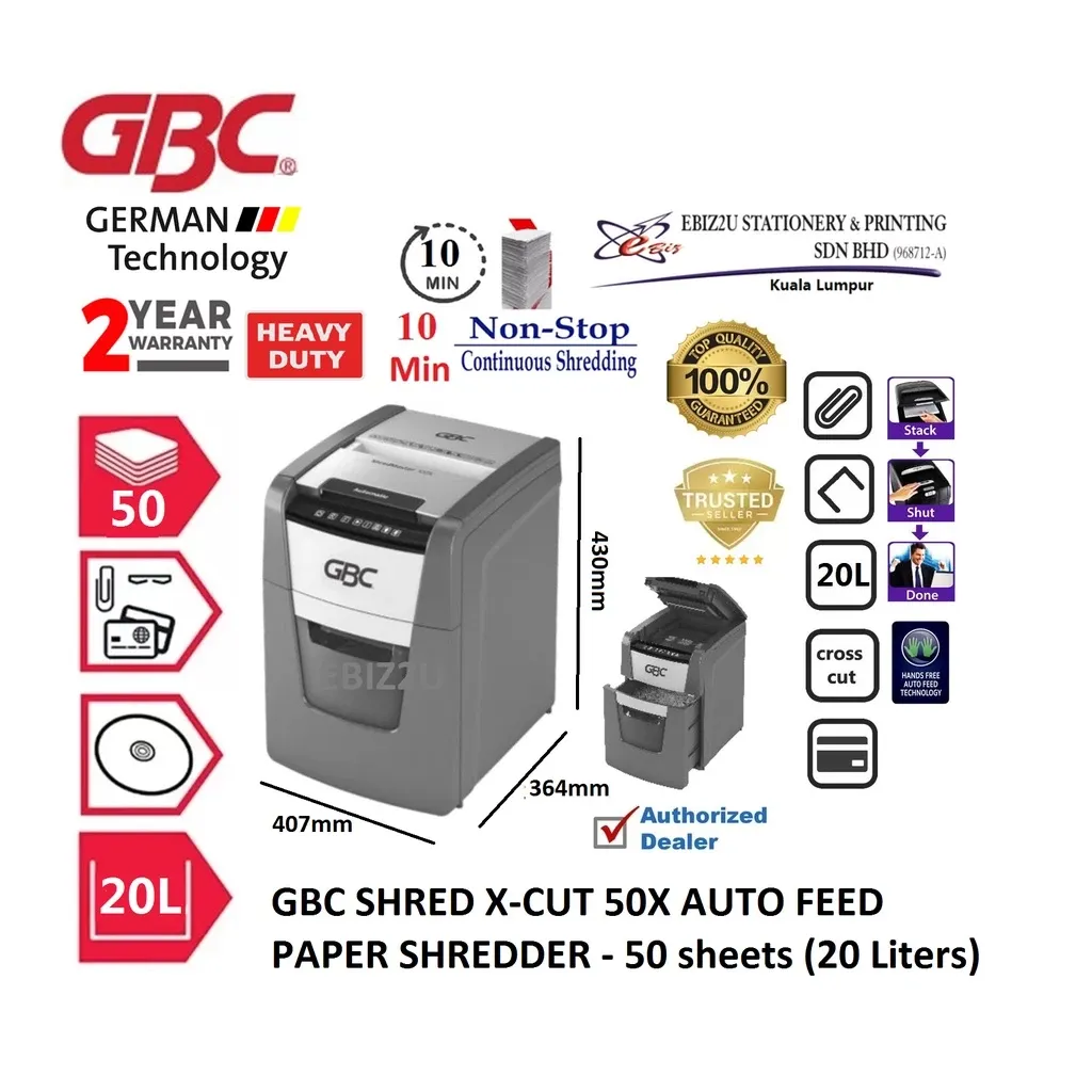 GBC SHRED X-CUT 50X AUTO FEED PAPER SHREDDER - 50 sheets (20 Liters) MESIN PENJILID