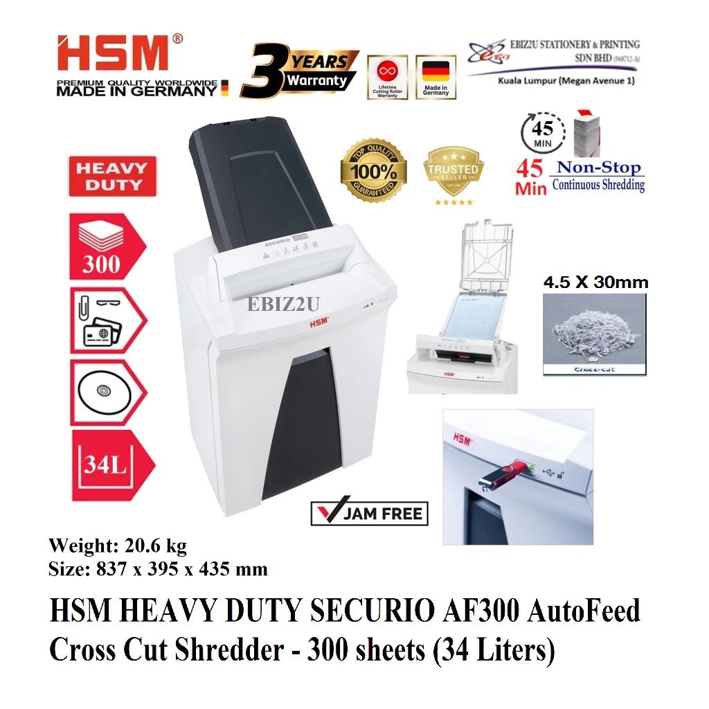 HSM HEAVY DUTY SECURIO AF300 AutoFeed Cross Cut Shredder - 300 sheets (34 Liters)