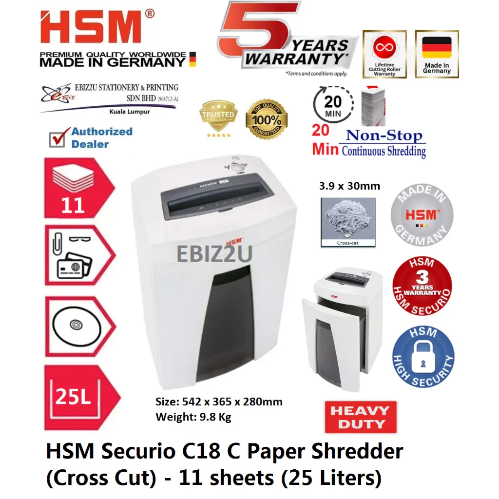 HSM Securio C18 C Paper Shredder (Cross Cut) 3.9×30 mm - 11 sheets (25 Liters)
