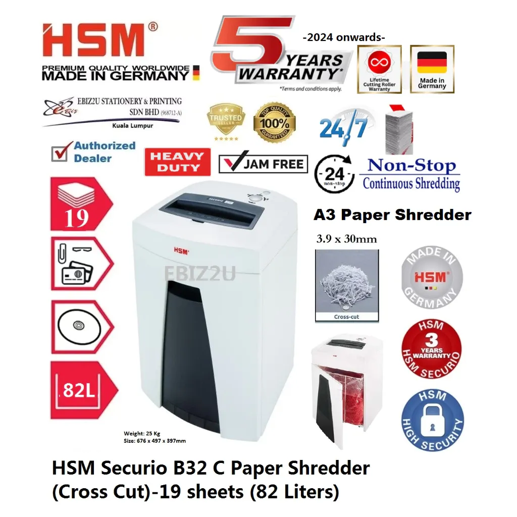 HSM Securio B32 C Paper Shredder (Cross Cut) 4.5×30 mm -19 sheets (82 Liters)