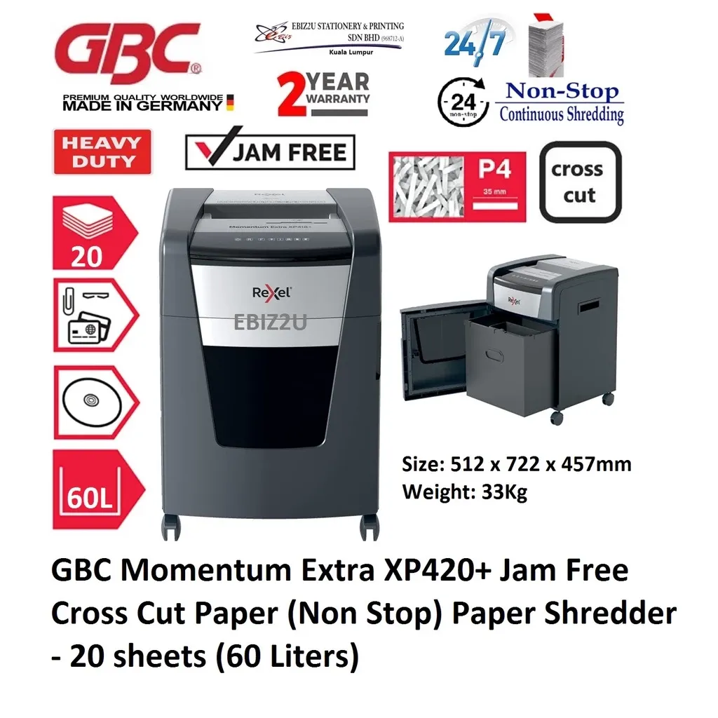 GBC Momentum Extra XP420+ Jam Free Cross Cut Paper (Non Stop) Paper Shredder - 20 sheets (60 Liters)