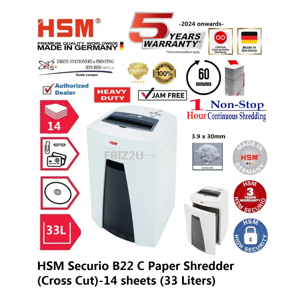 HSM Securio B22 C Paper Shredder (Cross Cut) 3.9 x 30 mm -14 sheets (33 Liters)