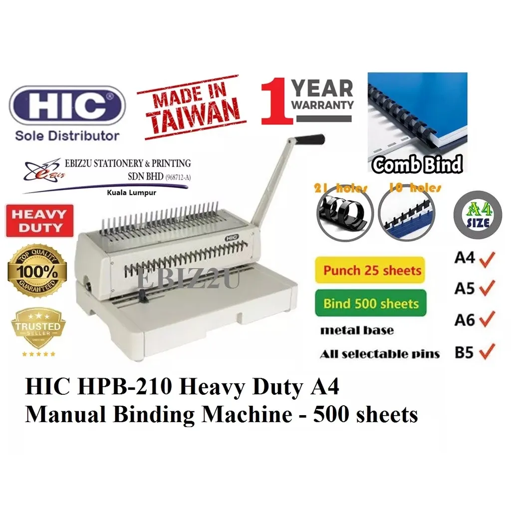 HIC HPB-210 Heavy Duty A4 Manual Comb Binding Machine - Comb Binder Machine, heavy duty binder