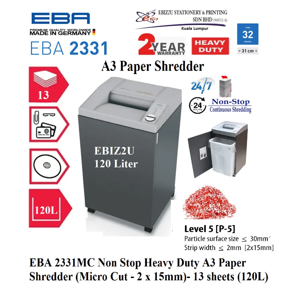 EBA 2331 MC Non Stop Heavy Duty A3 Paper Shredder (Micro Cut) - 2 x 15mm- 13 sheets (120L)