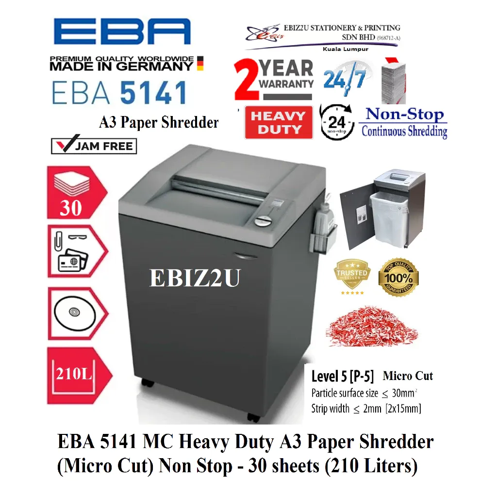 EBA 5141 MC Heavy Duty A3 Paper Shredder (Micro Cut) 2x15mm - 30 sheets (210 Litre) 5141MC