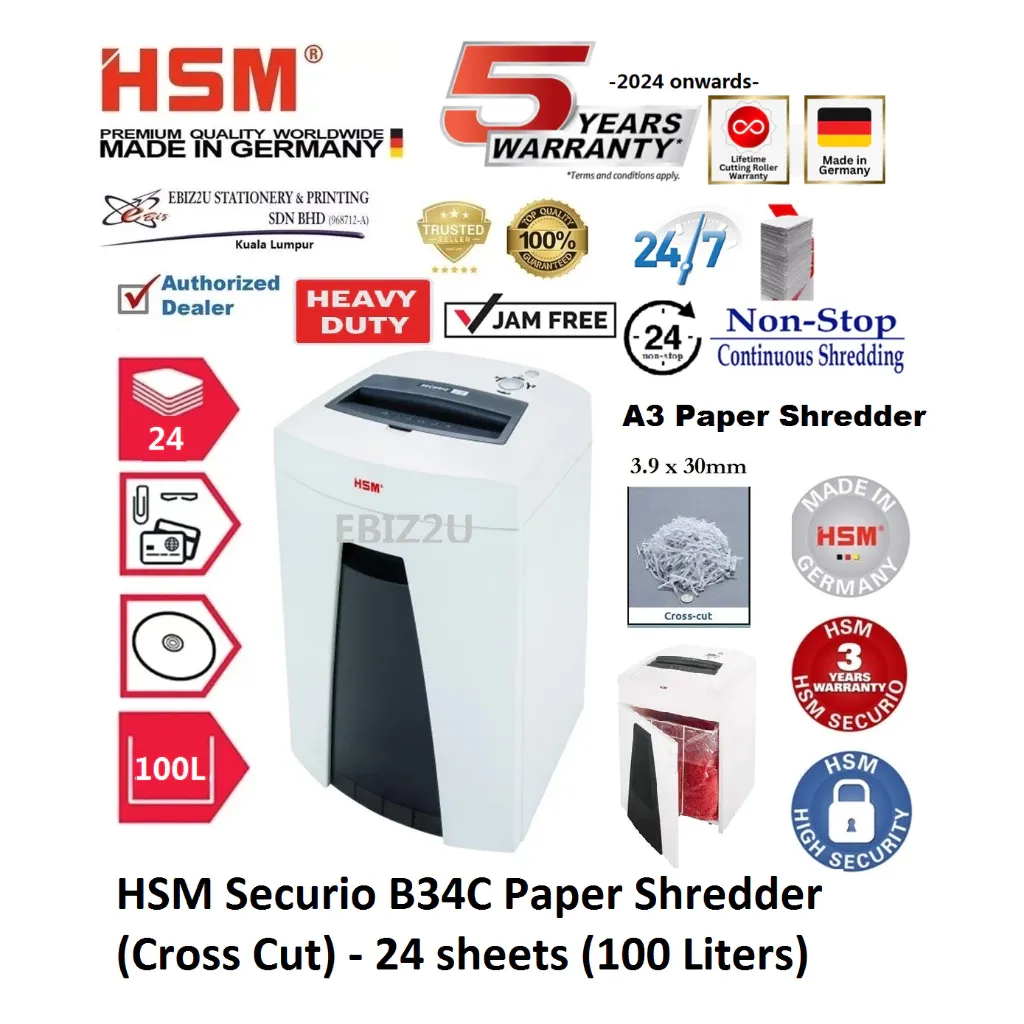 HSM Securio B34 C A3 Paper Shredder (Cross Cut) 4.5×30 mm - 24 sheets (100 Liters)