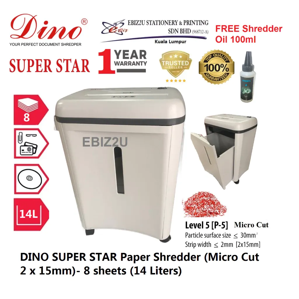 DINO SUPER STAR Paper Shredder (Micro Cut)- 8 sheets (14 Liters) enghancur Kertas, mesin perincih