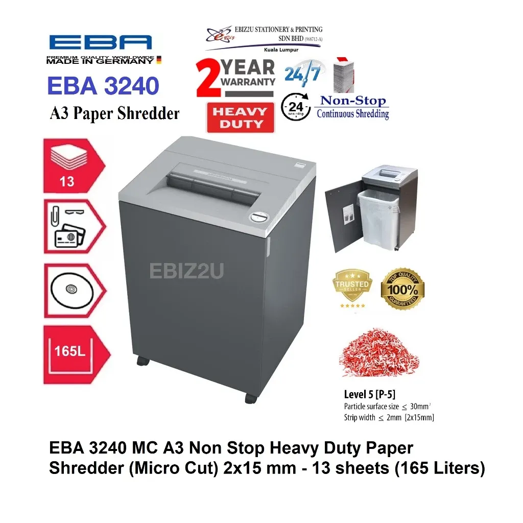 EBA 3240 MC A3 Non Stop Heavy Duty Paper Shredder (Micro Cut) 2x15 mm- 13 sheets (165 Liters)