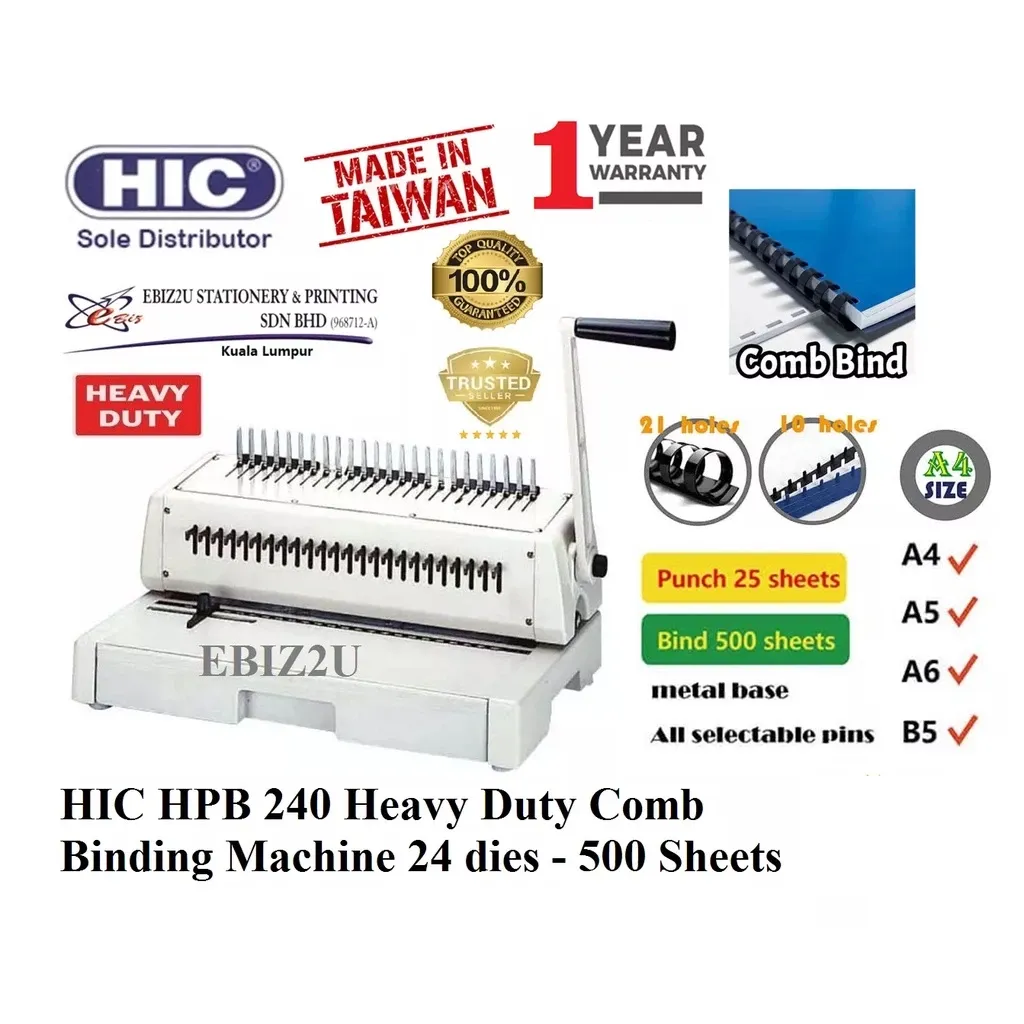 HIC HPB 240 Heavy Duty Comb Binding Machine 24 dies - HPB-240, Comb Binder Machine, Heavy Duty