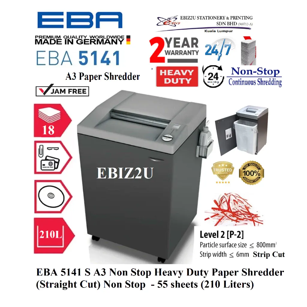 EBA 5141 S A3 Non Stop Heavy Duty Paper Shredder (Strip Cut) 6mm - 55 sheets (210 Liters) 5141S