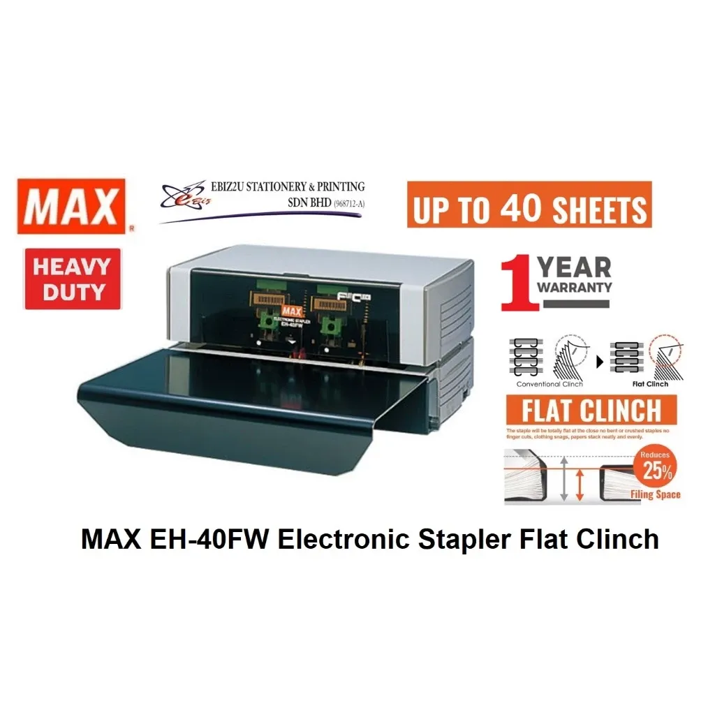 MAX EH-40FW Electronic Stapler Flat Clinch Anti-Jam Electric Stapler & Stapler Cartridge 40 Sheet