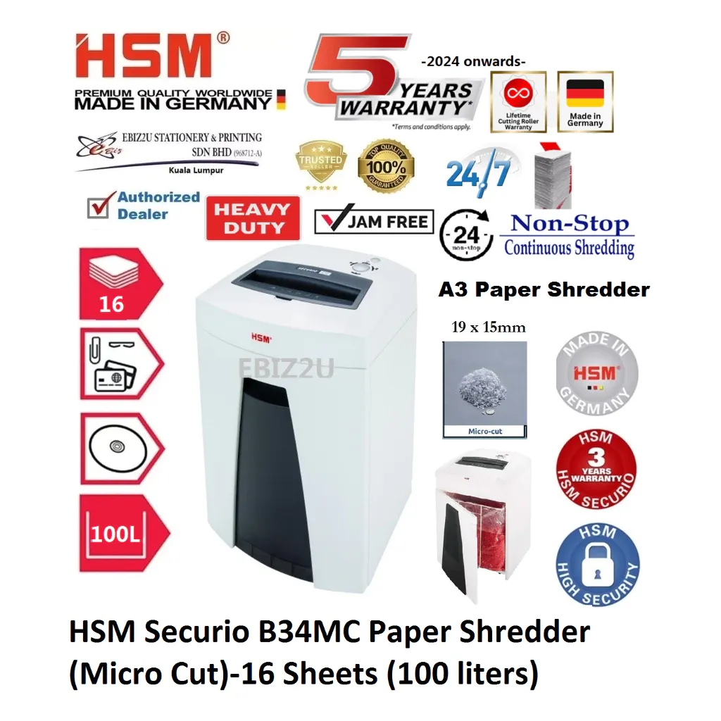 HSM Securio B34 MC A3 Paper Shredder (Micro Cut - 1.9 x 15mm) -16 Sheets (100 liters)