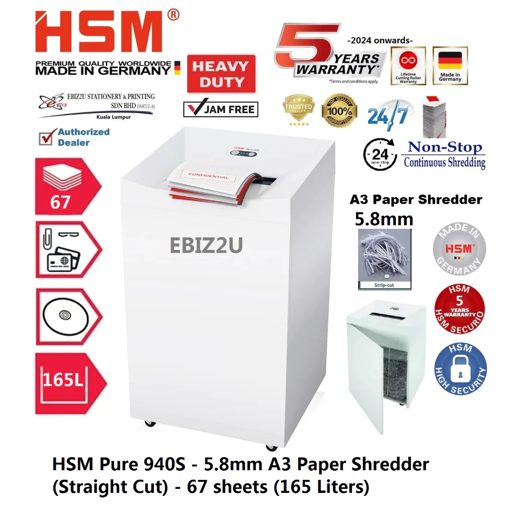 HSM Pure 940S - 5.8mm A3 Paper Shredder (Straight Cut) - 67 sheets 165 Liters