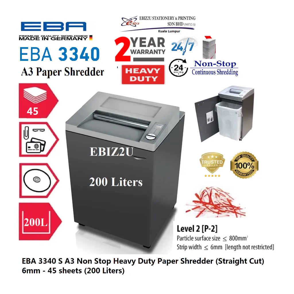 EBA 3340 S A3 Non Stop Heavy Duty Paper Shredder (Straight Cut) 6mm - 45 sheets (200 Liters)