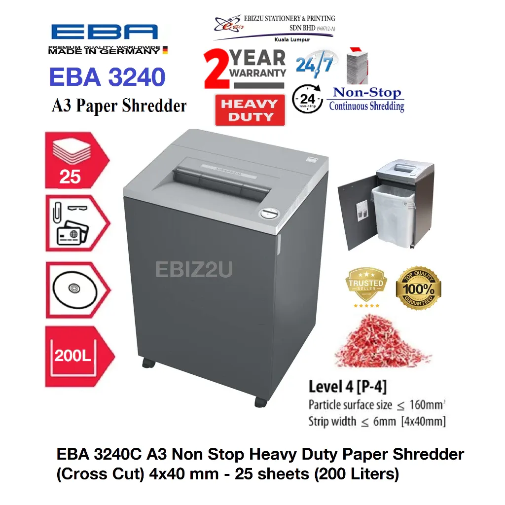 EBA 3240 C A3 Non Stop Heavy Duty Paper Shredder (Cross Cut) 4x40 mm - 25 sheets (200 Liters)