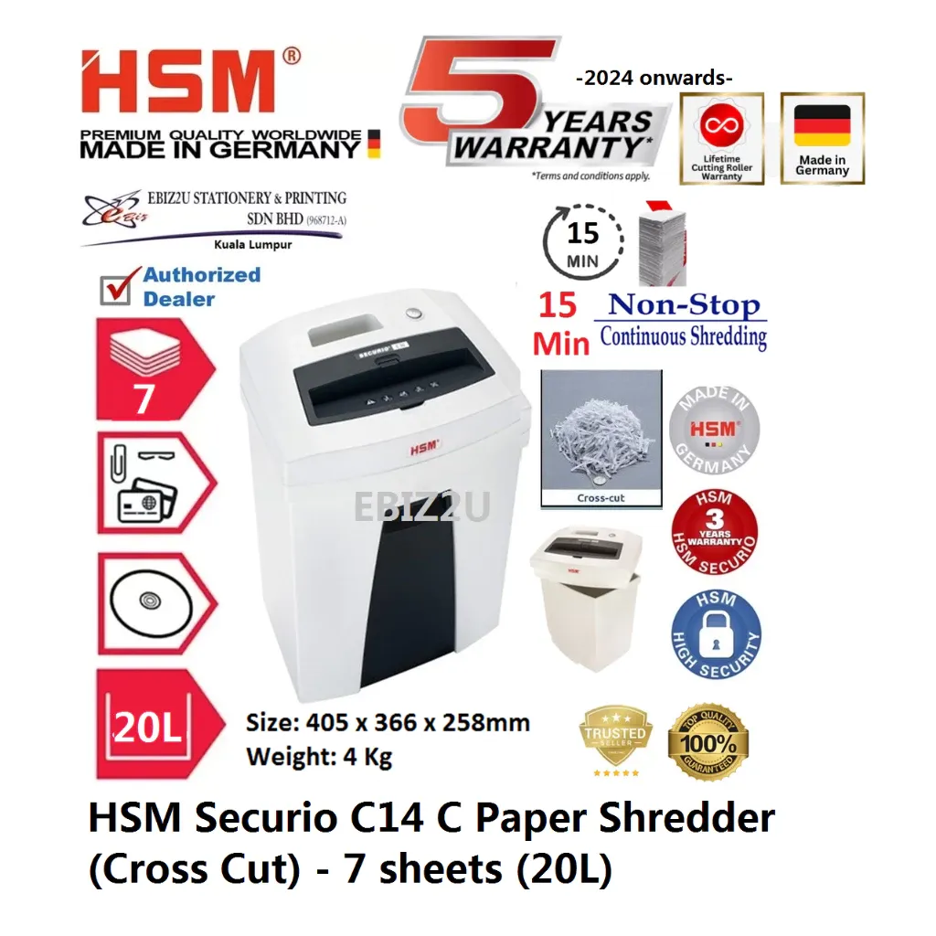 HSM Securio C14 C Paper Shredder (Cross Cut) 4×25 mm - 7 sheets (20L)