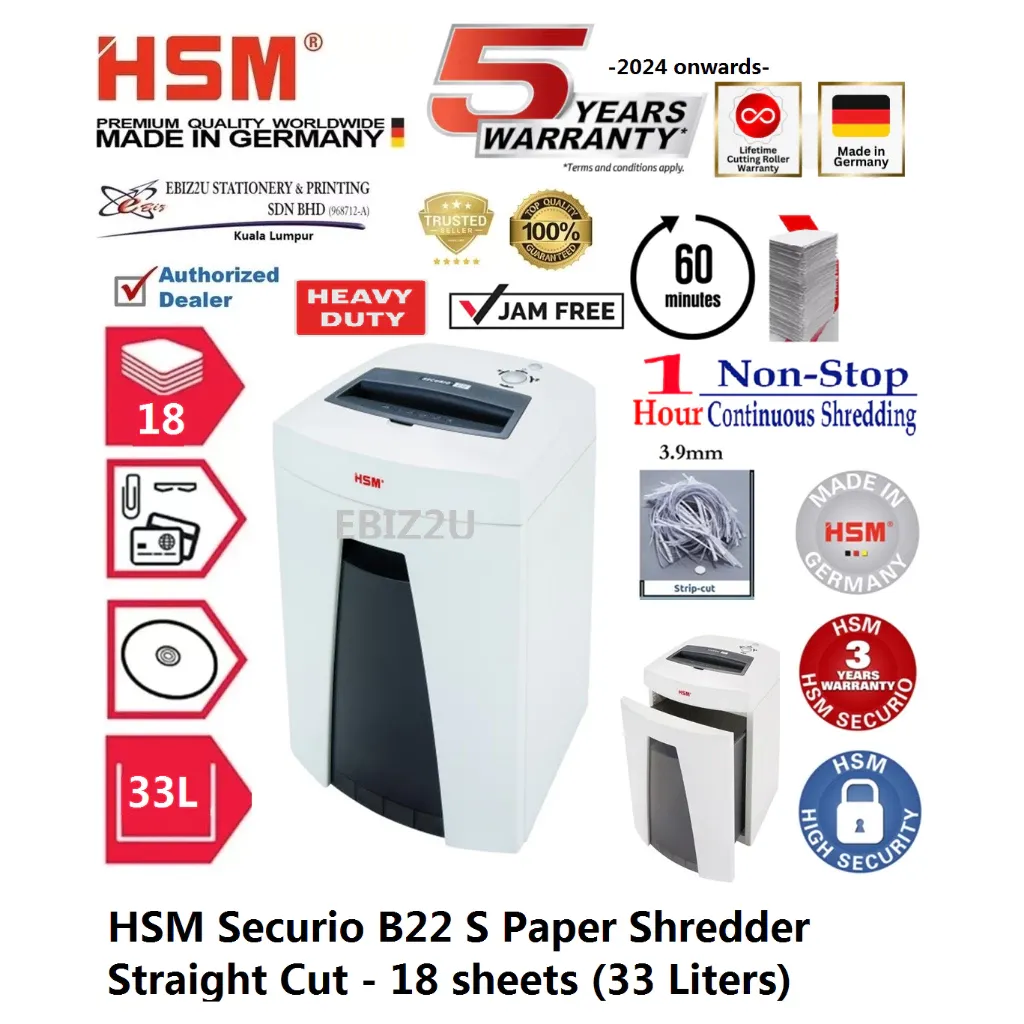HSM Securio B22 S Paper Shredder (Straight Cut) 3.9 mm - 18 sheets (33 Liters)