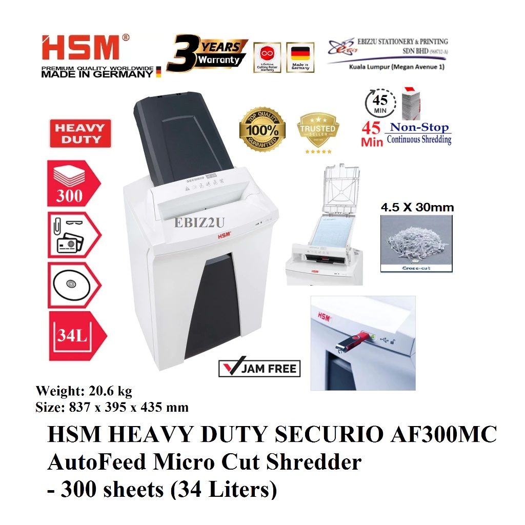 HSM HEAVY DUTY SECURIO AF300CC AutoFeed Micro Cut Shredder - 300 sheets (34 Liters)