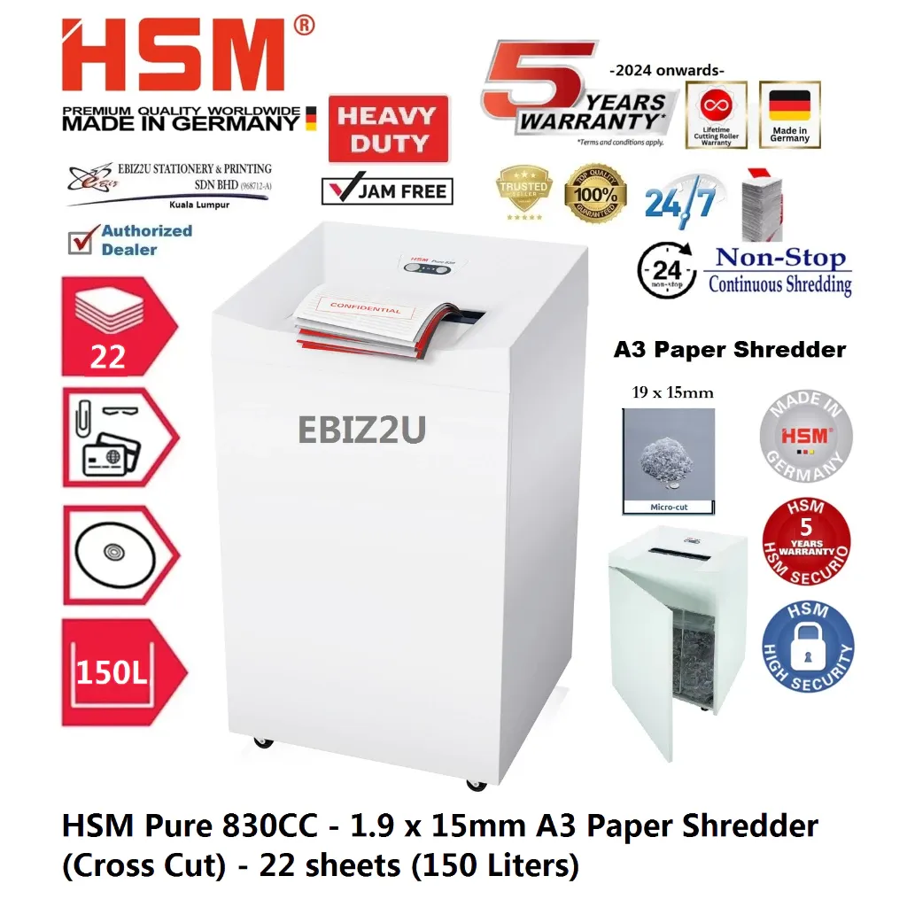 HSM Pure 830CC - 1.9 x 15mm A3 Paper Shredder (Cross Cut) - 22 sheets (150 Liters)
