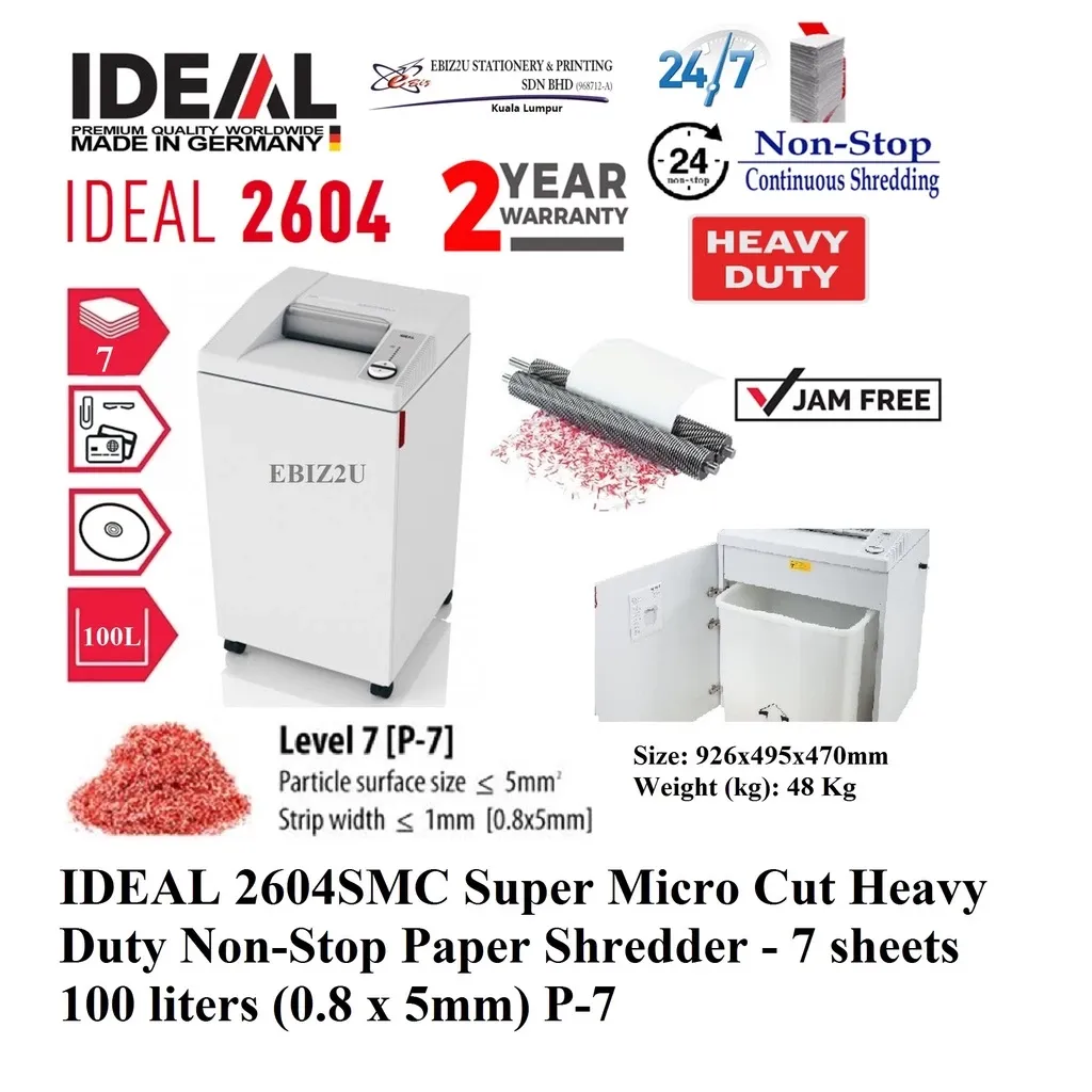 IDEAL 2604 SMC 0.8x5mm Super Micro Cut Heavy Duty Non-Stop Paper Shredder 7 sheets 100 liters 2604S