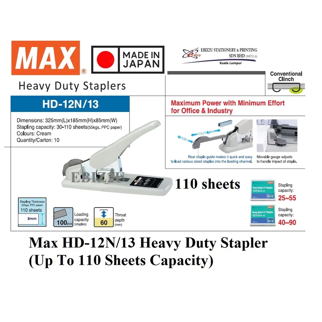 Max HD-12N/13 Heavy Duty Stapler (Up To 110 Sheets Capacity) alat pengokot, kawat, stapler paper
