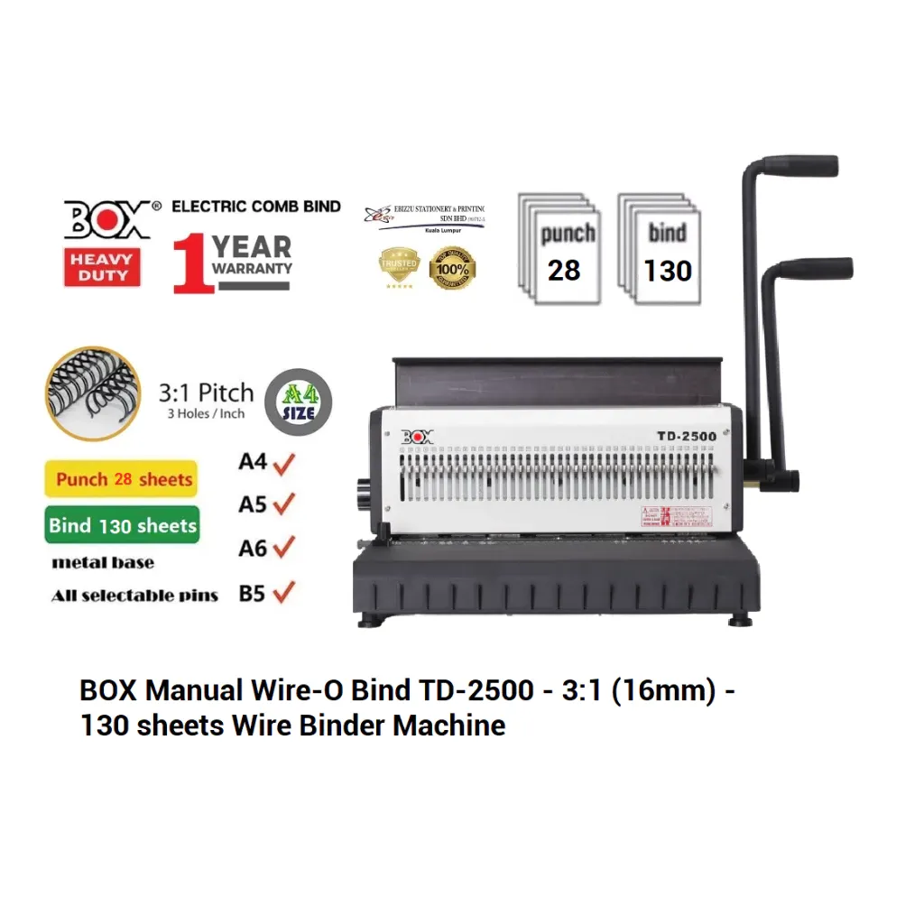 BOX Manual Wire-O Bind TD-2500 - 3:1 (16mm) - 130 sheets Wire Binder Machine, heavy duty